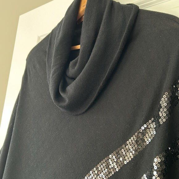 Belldini Sequined Striped Cowl-Neck Knit Poncho Style Sweater Black - Picture 4 of 10
